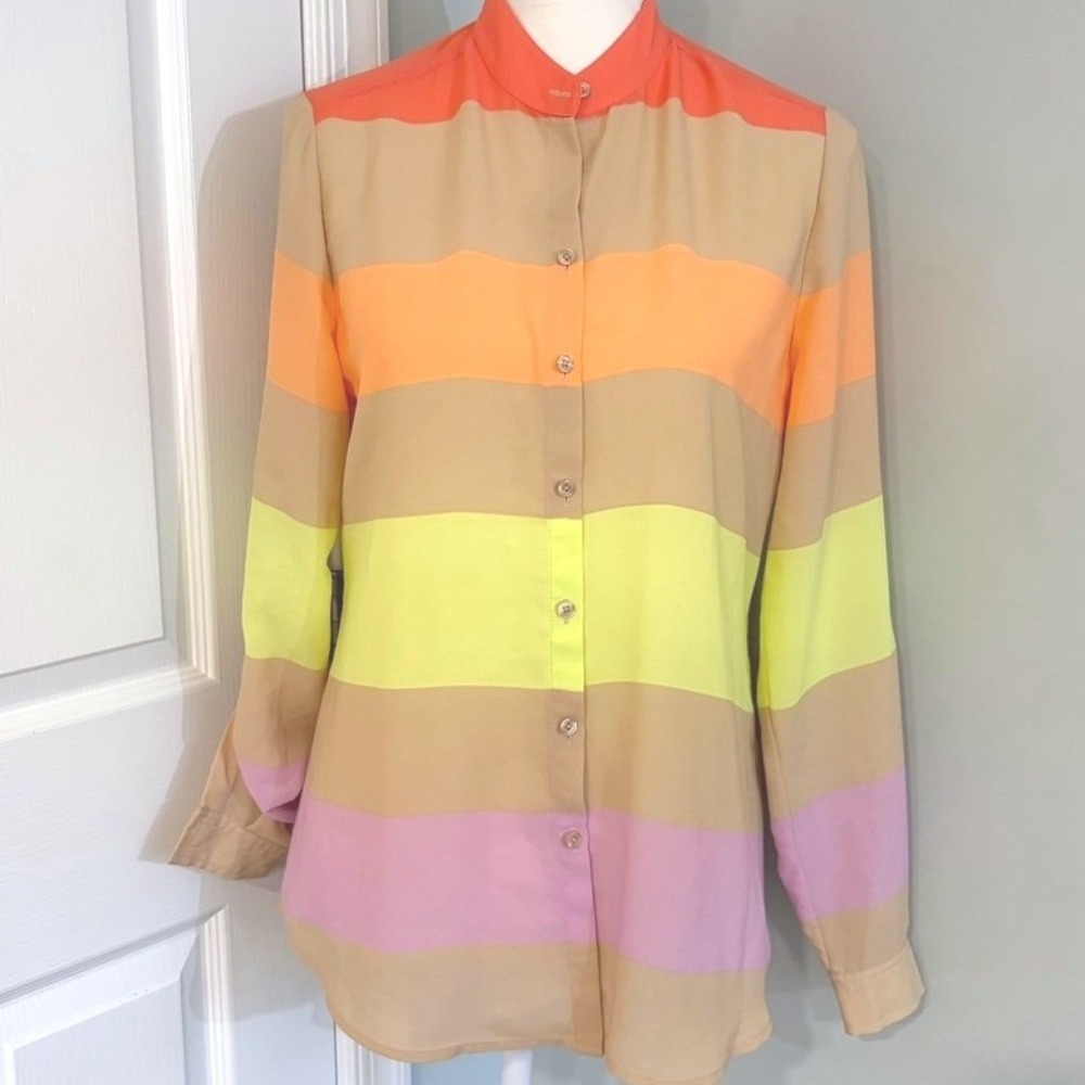 Lord & Taylor Multi Color Stripe Button Front Blouse Latte Neon NEW Classic Sz S